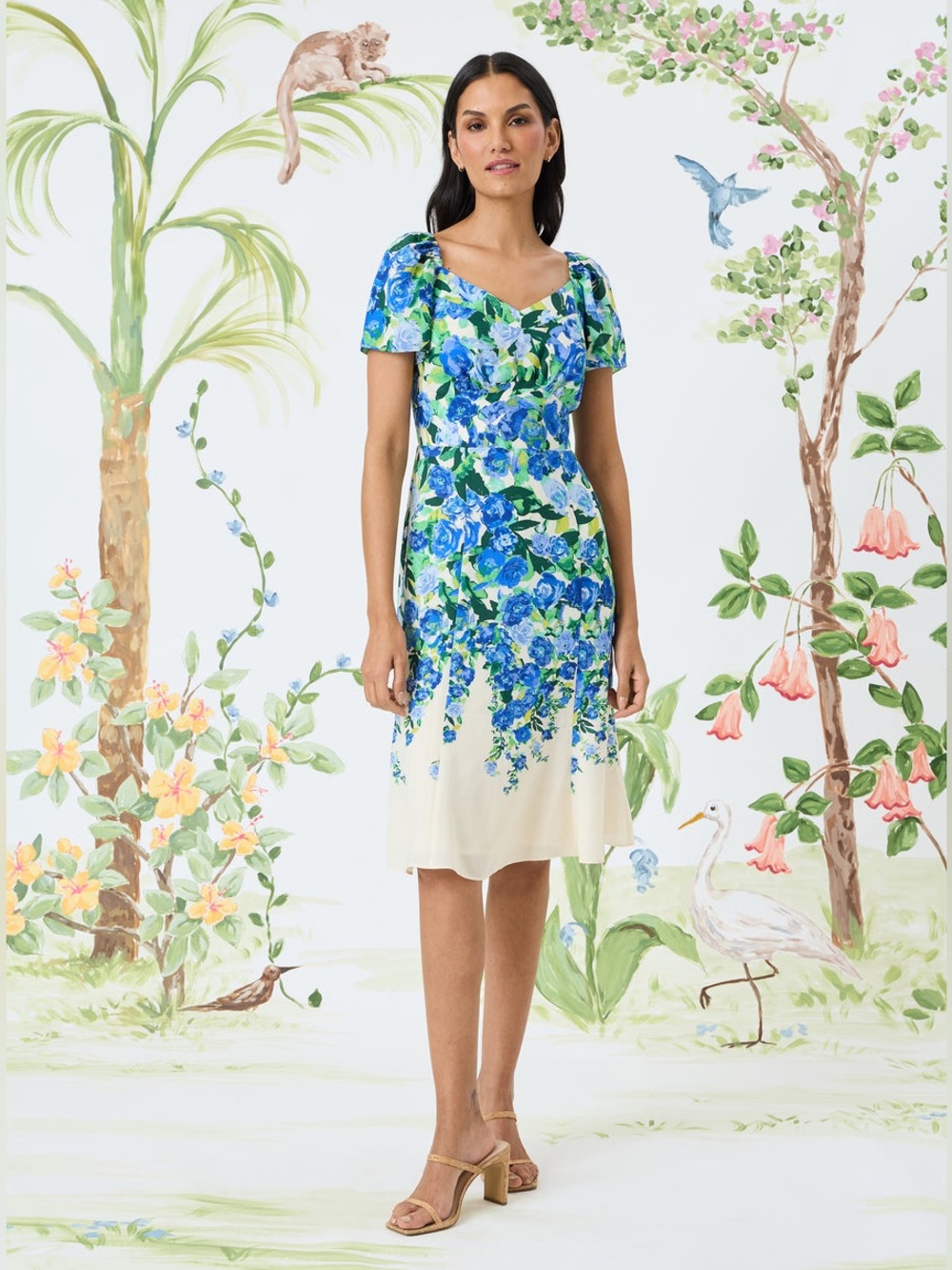New Maggy London Dolores Sweetheart Flutter Sleeve Floral Midi Dress Church 8